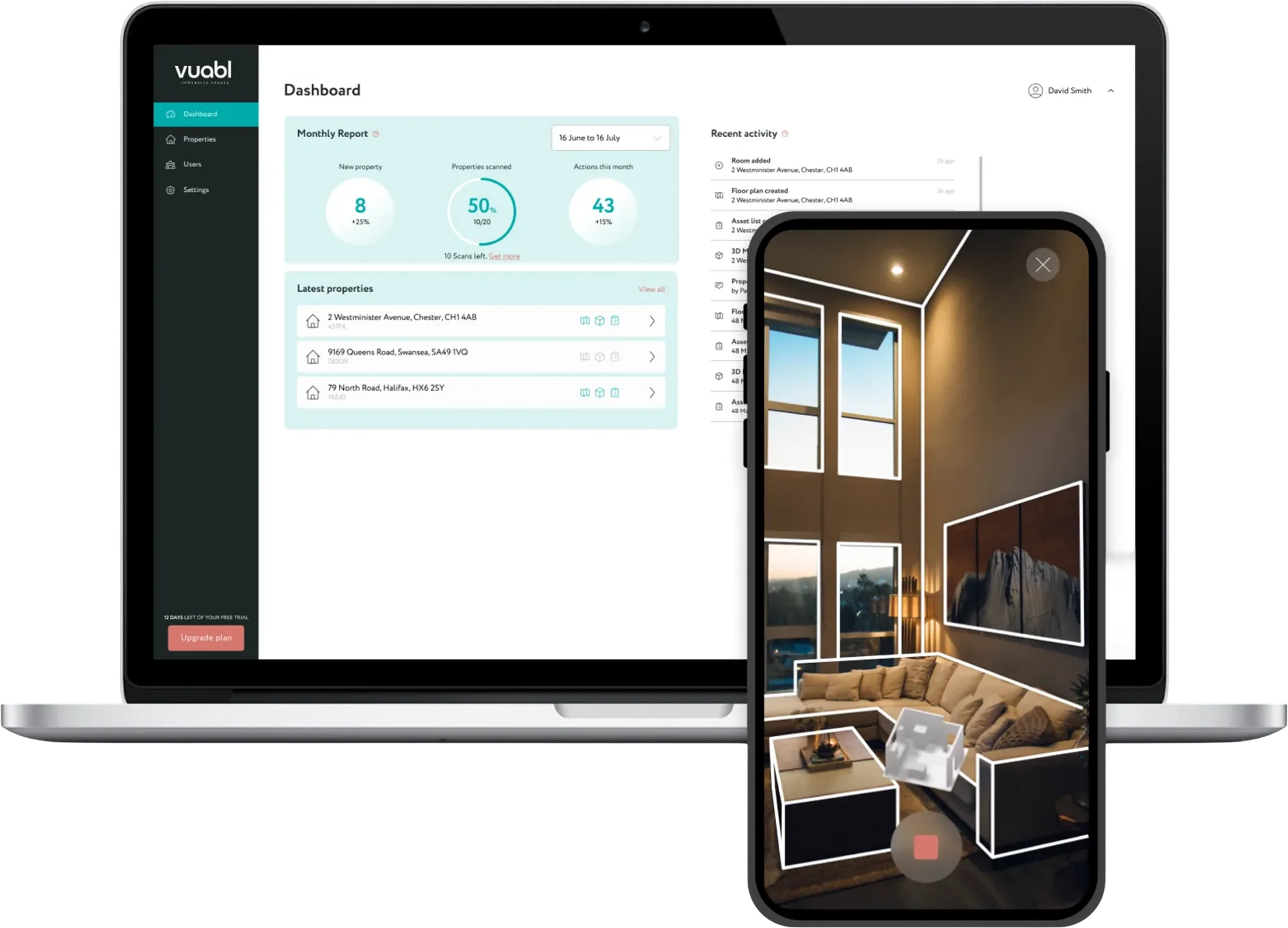 The Vuabl web dashboard on a laptop alongside the mobile app capturing a living room